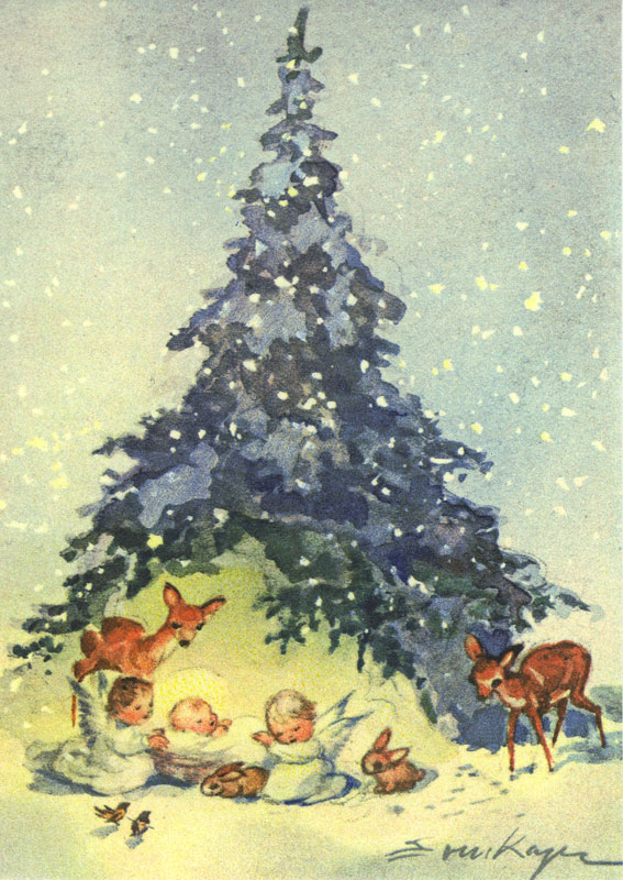 7451 «Christkind, zwei Engel und Waldtiere unter einem Tannenbaum»